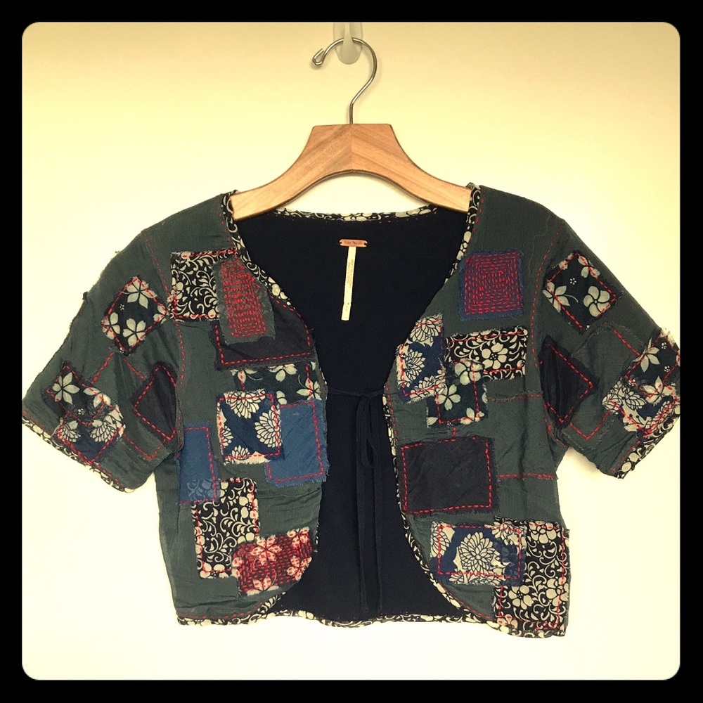 FREE PEOPLE Patchwork SS Crop Jacket Navy SMALL